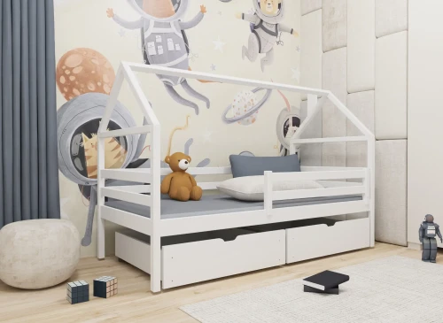 ARON 90x190 alb pat de o persoană pentru copii tip casă Lano Mobilă