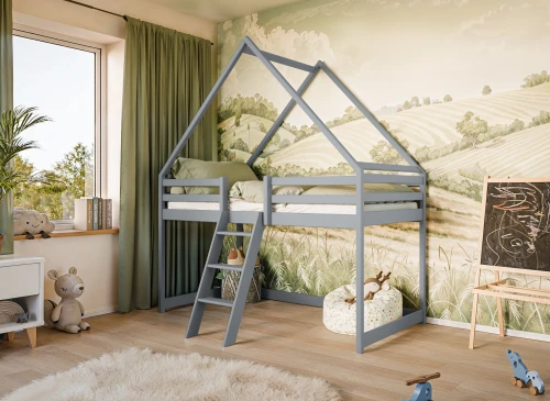 MOON 90x200 gri pat singur pentru copii casă pe mezanin Lano Mobilă