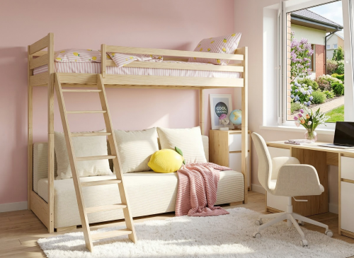 SOFINO 90x200/140x200 pine loft bed with sofa bed in beige fabric poso 38 Lano Furniture