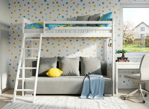 SOFINO 90x200/140x200 white loft bed with sofa bed, fabric grey zoom 15 sage Lano Furniture