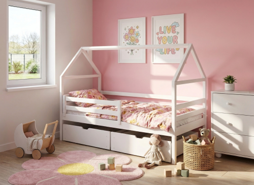 ARON 90x200 alb pat de o persoană pentru copii tip casă Lano Mobilă