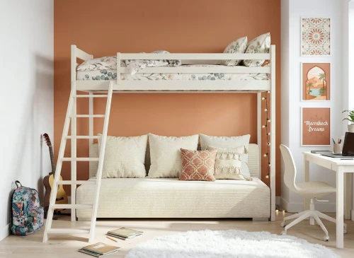 SOFINO 90x200/140x200 cotton loft bed with pull-out sofa, light gray zoom dove 19 fabric | Lano Meble