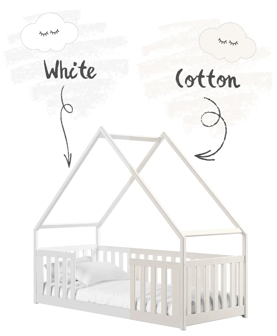 LANO house bed on a white background with arrows and chalk labels: "White" and "Cotton".