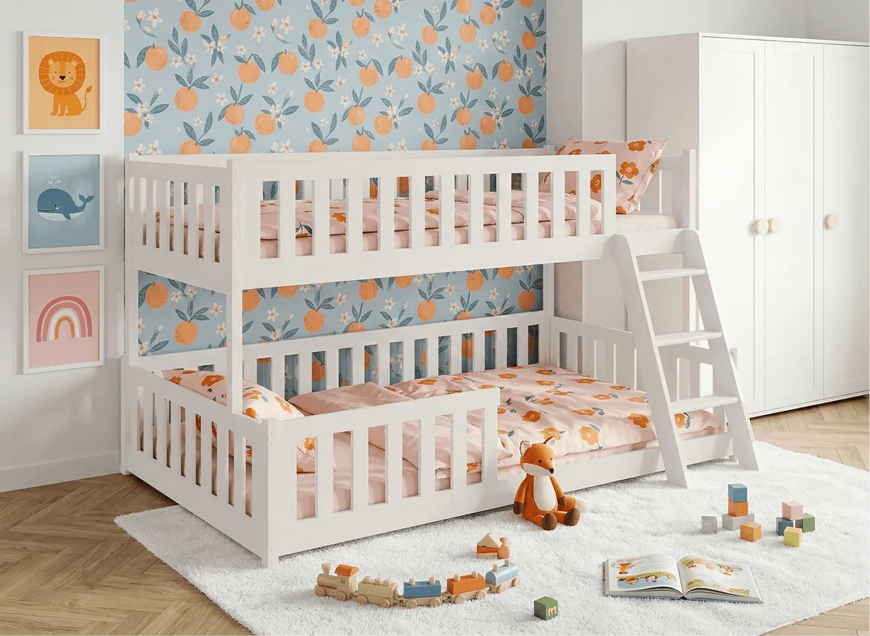 LANO NICE cotton bunk bed with ladder and safety rail in a cozy room with blue fruit wallpaper.