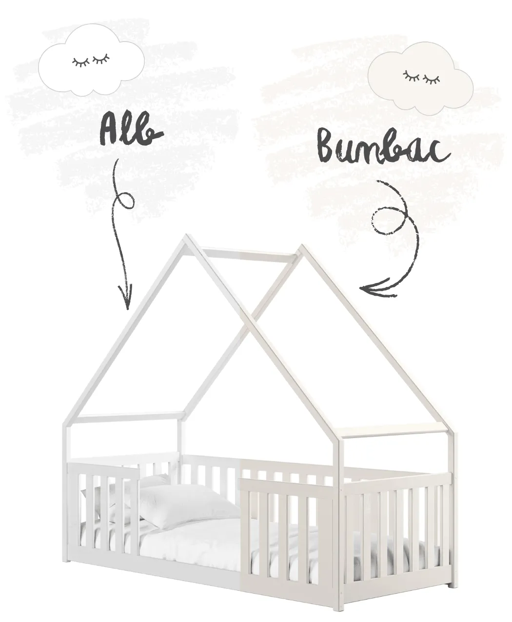 Pat căsuță LANO pe fundal alb cu săgeți și inscripții cu cretă: „Alb” și „Bumbac”.